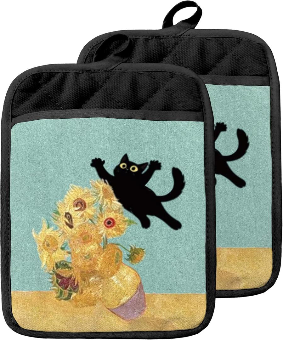 GOOZHO Funny Black Cat Flower Pot Holders with Pockets, Cat Kitchen Decor, Abstract Painting Black Kitten Oven Pot Holders Heat Resistant Oven Mitts Hot Pads for Kitchen Baking Cooking