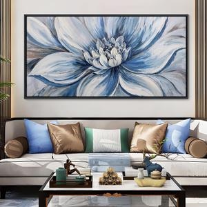 Pogusmavi Blue Floral Wall Art for Living Room - Large Textured Flower Pictures for Bedroom - Canvas Paintings, Extra Large Blue and White Wall Decor Dining Room Artwork for Walls 29x58IN