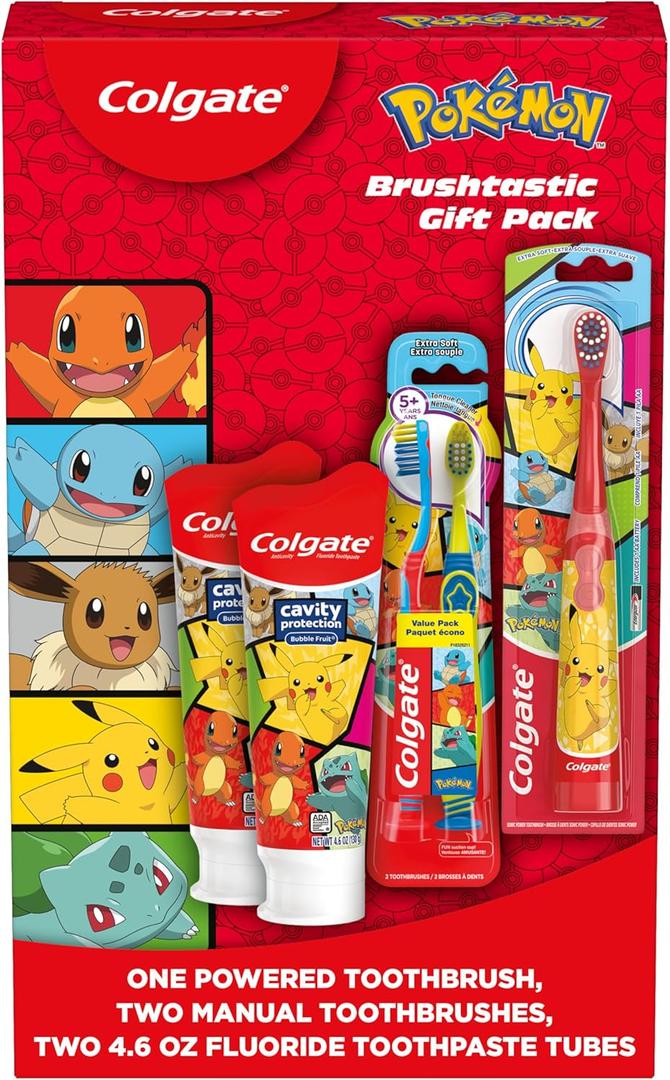 Colgate Kids Pokemon Toothbrush and Kids Toothpaste Gift Set, Includes Pokemon-Themed Battery Toothbrush, 2 Bubblegum Flavored Fluoride Toothpastes, and 2 Manual Toothbrushes