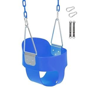 Toddler Swing Seat with Coated Chains, Heavy Duty Kids High Back Bucket Swings with Tree Straps and Hooks for Outdoor, Playground, Backyard, Swing Set Accessories by Domaker, Blue