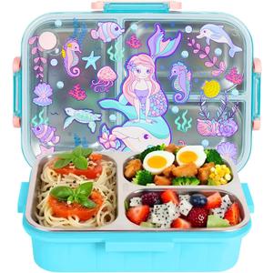 Stainless Steel Bento Lunch Box for Kids, 800ml/27oz BPA-Free Leak-Proof Food Containers with 3 Compartments, Freezer & Dishwasher Safe, Back to School Students Lunches Size for Ages 3-7 (B06. Mermaid)