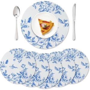 6 Sets Chinoiserie Blue Floral Round Woven Placemats 15 Inch Boho Blue and White Table Place Mats Non-Slip Heat Resistant Braided Placemats for Birthday Wedding Bridal Tea Party Decor