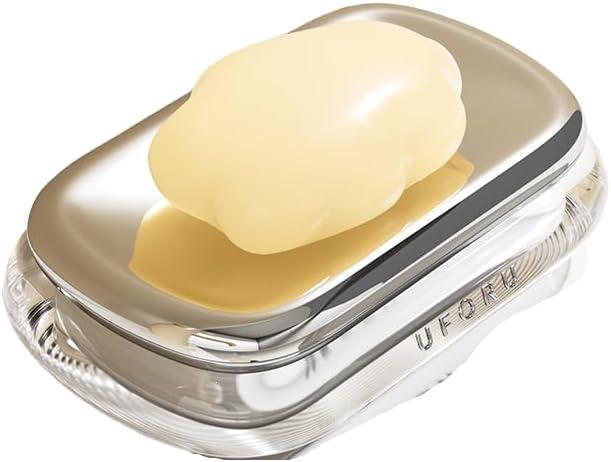 Soap Caddy with Drain, Clear Acrylic Base for: Bathrooms, Gyms, Schools and Showers, Keeps Soap Dry and Sanitary (1 PCS) (Silver Plated)
