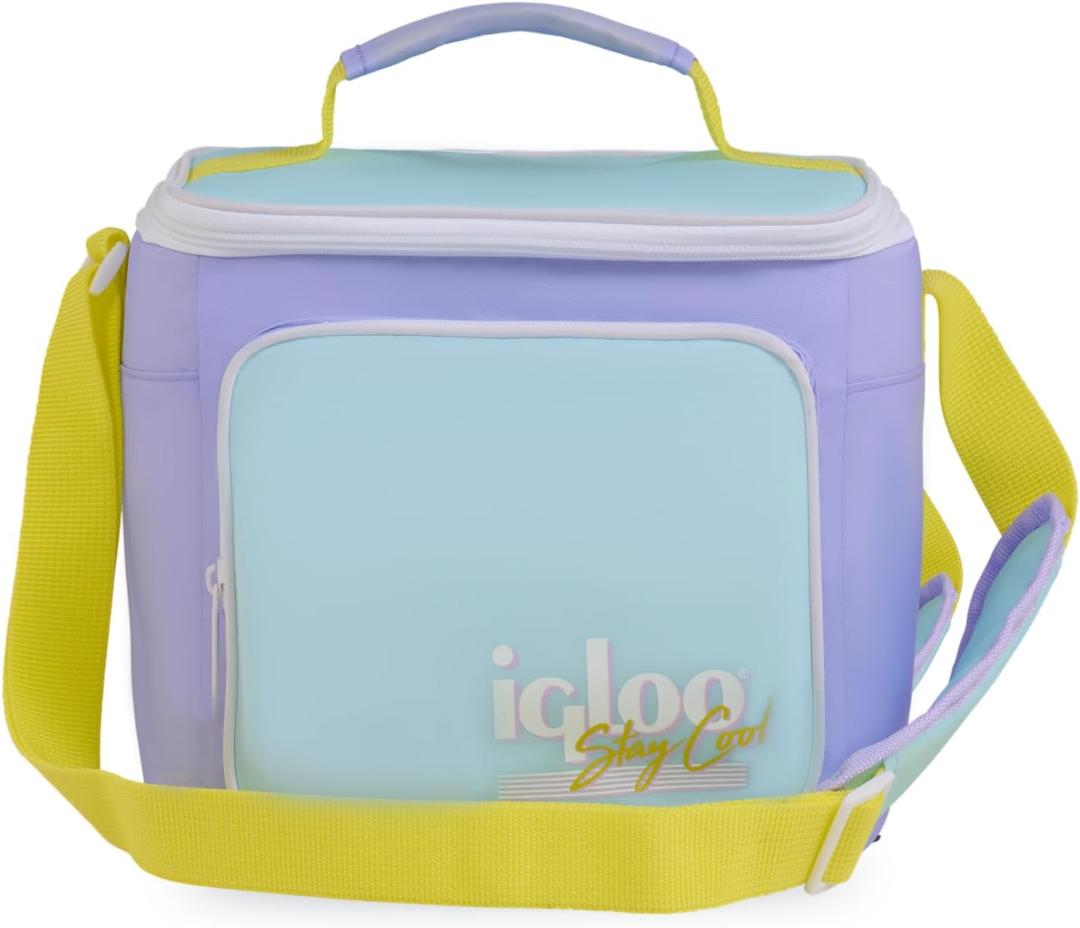Igloo Retro 90s Lunch Coolers, Insulated Lunch Bag, Square Lunch Box Cooler with Front Pocket & Adjustable Strap (Small, Lilac)