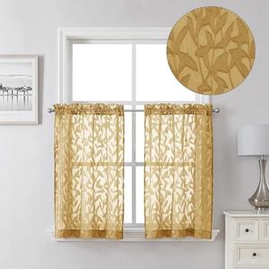 Lecloud Leia Dark Gold Sheer Kitchen Curtains 36 Inch Length, Breathable Clip Textured Leaf Cafe Bedroom Voile Curtain Tiers, Dual Rod Pockets Jacquard Bathroom Bedroom Drapes, 40 W x 36 L
