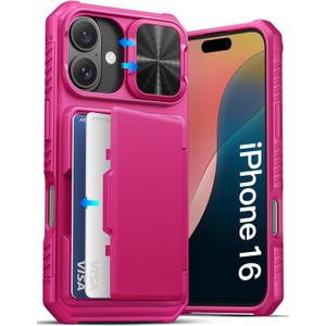 ATATOO for iPhone 16 Case, Built-in Card Holder (Store 3-5 Cards) & Slide Camera Protector, Military Grade Protection, Women Cute Silicone Wallet Case for iPhone 16 2024, Hot Pink