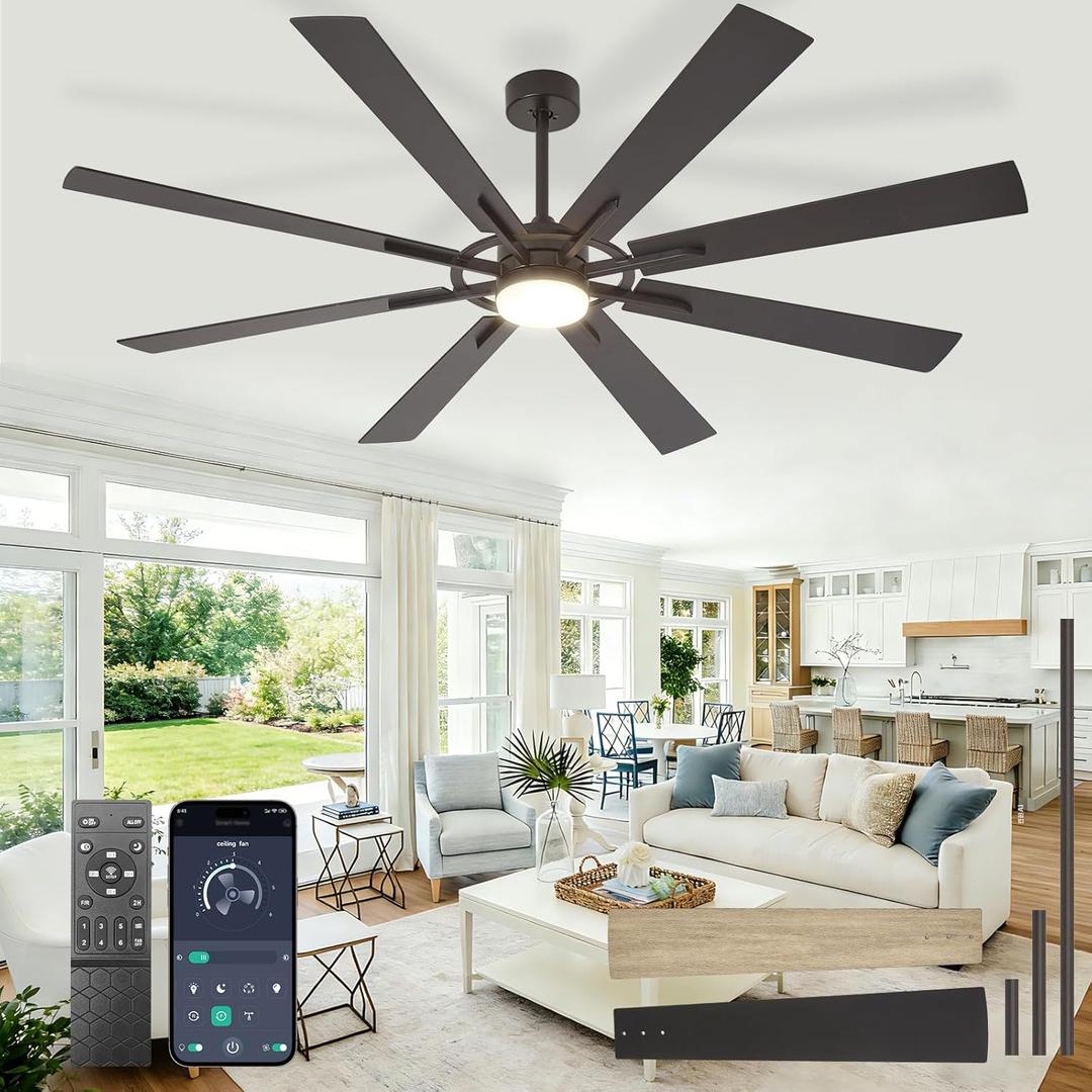 BvenuBigLite Large Ceiling Fans with Lights: Modern 72 Inch 8 Blade Outdoor Ceiling Fan with Remote APP Control - Dimmable Black Big Fan light Indoor Reversible 6 Speed Quiet DC Motor