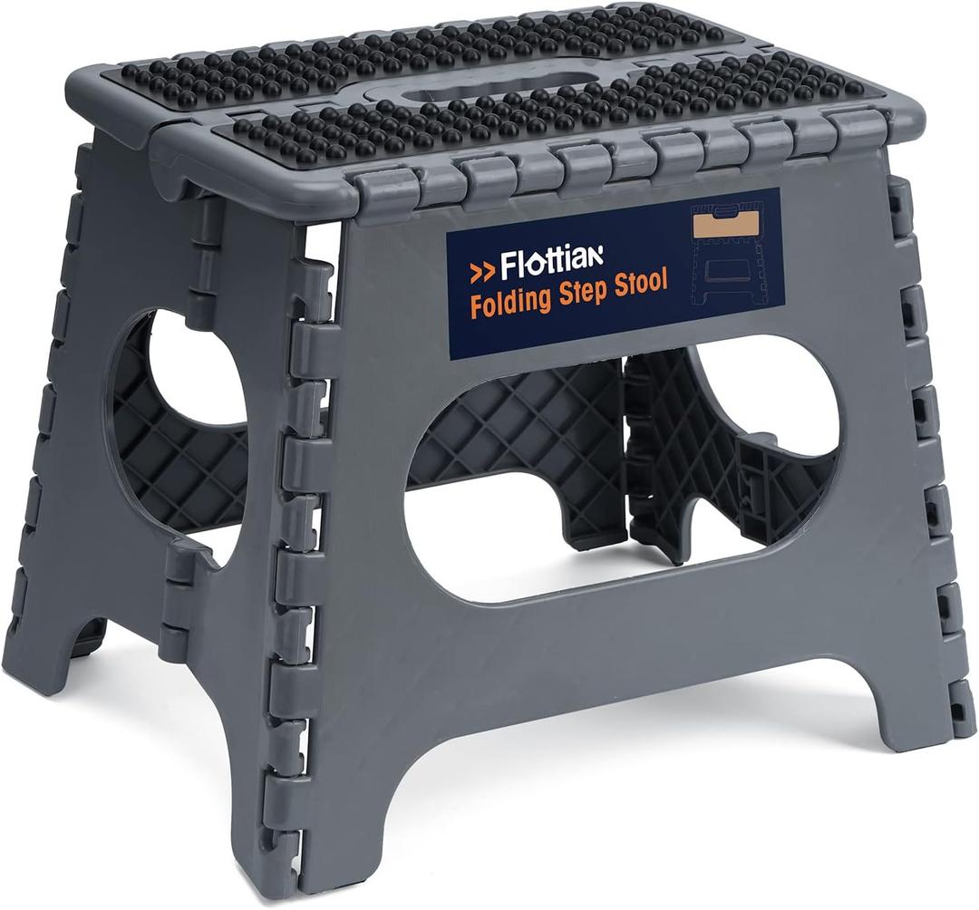 Flottian 11" Folding Step Stool for Adults and Kids Holds Up to 300 lbs,Non-Slip Folding Stools with Portable Handle, Compact Plastic Foldable Step Stool for Bathroom,Bedroom, Kitchen Gray