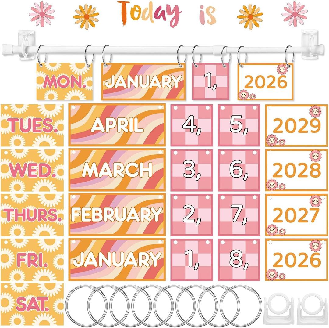 2 x Flip Classroom Calendar Set with Adjustable Holder, Pink, Daisy