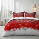 Duvet Cover Set, Merry Christmas Snowflake Bell on Red 3 Piece Bedding Set Breathable Quilt Cover Set, Winter Snow Seamless Soft Microfiber Bed Set with Pillow Shams, 90 x 70 inches