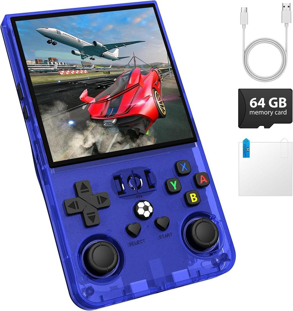 R36MAX Handheld Game Console, Retro Gaming Console with 4000mAh Battery 4.0IPS Screen, Open Source Linux System, with 64GB TF Card Portable Video Gaming Console, Transparent Blue
