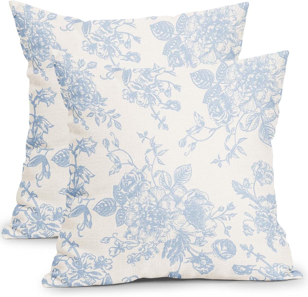 Vintage Floral Pillow Covers 18x18 Inch Set of 2 Baby Blue and Cream Floral Throw Pillow Covers Chinoiserie Flower Pillowcases Rustic Farmhouse Cushion Covers for Couch Home Decor