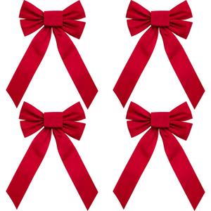 WRAPAHOLIC 4 Pcs Large Red Velvet Christmas Bows - Red Twist Tie Bows for Christmas Tree, Wreath, Gift Wrapping, Wedding, Crafts, Home Decor - 9 x 16 inch