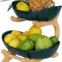 2 Tier Fruit Basket,Ceramic Fruit Bowl for Kitchen Counter,Fruit Basket for Kitchen,Fruteros para Cocina,Large Green (Large(9.45"x8.45"x9.65"))