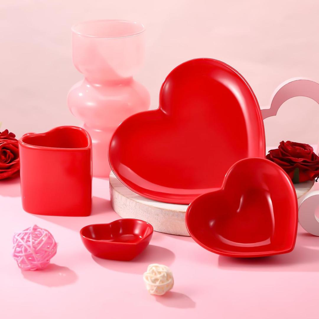 4 Piece Valentines Heart Shaped Dinnerware Set Include Ceramic 7'' Dinner Plate and 5'' Dessert Dish Bowl Cup Heart Shaped Bowl Cute Mug Snack Dishes Gifts for Valentine's Day Party Wedding