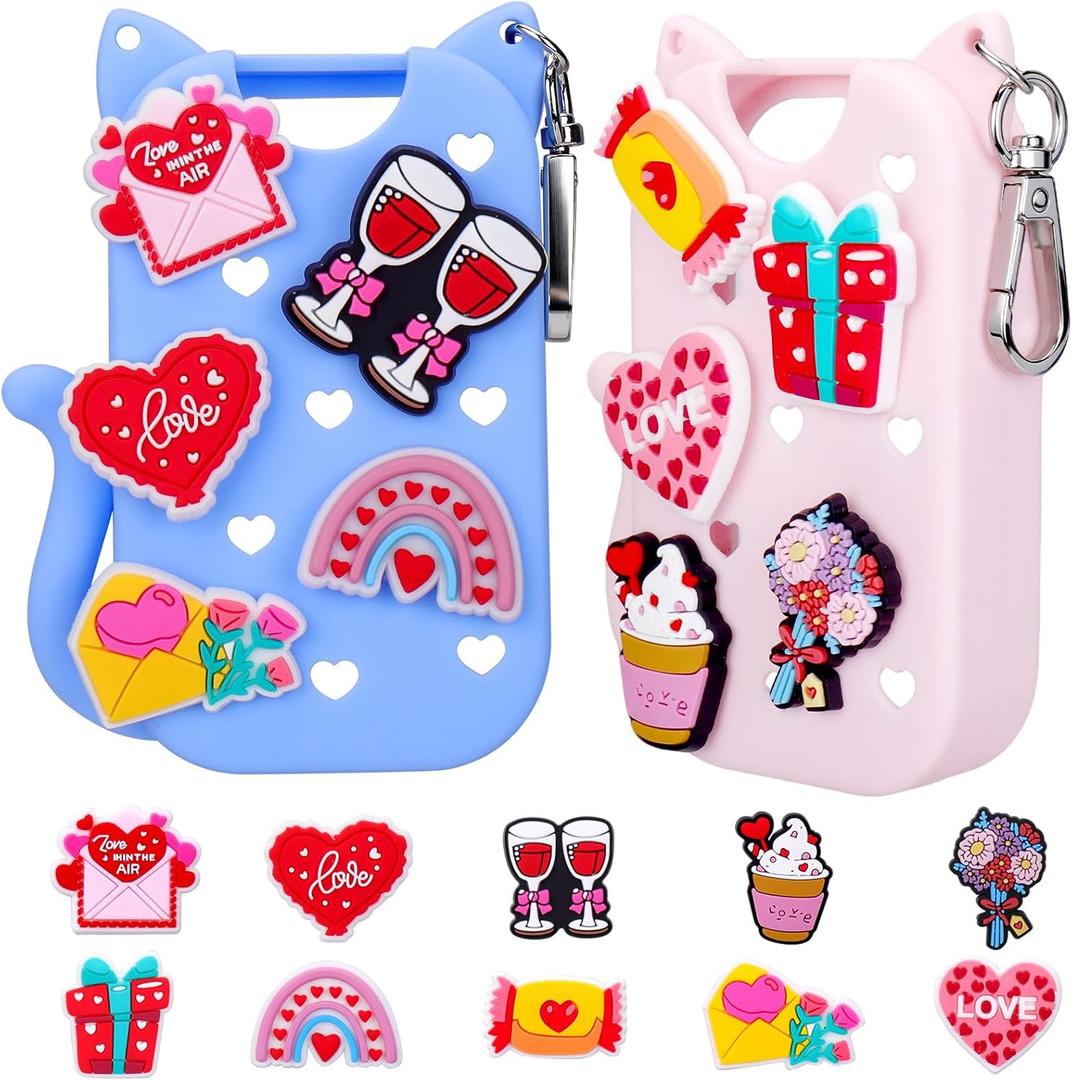 Juome 2 Pack Valentines Silicone Case for Touchland Hand Sanitizer Spray with Keychain & Charms, Cat Protective Holder Compatible with Touch Land Mist Case 1FL. OZ, Valentines Day Gifts for Her/Him