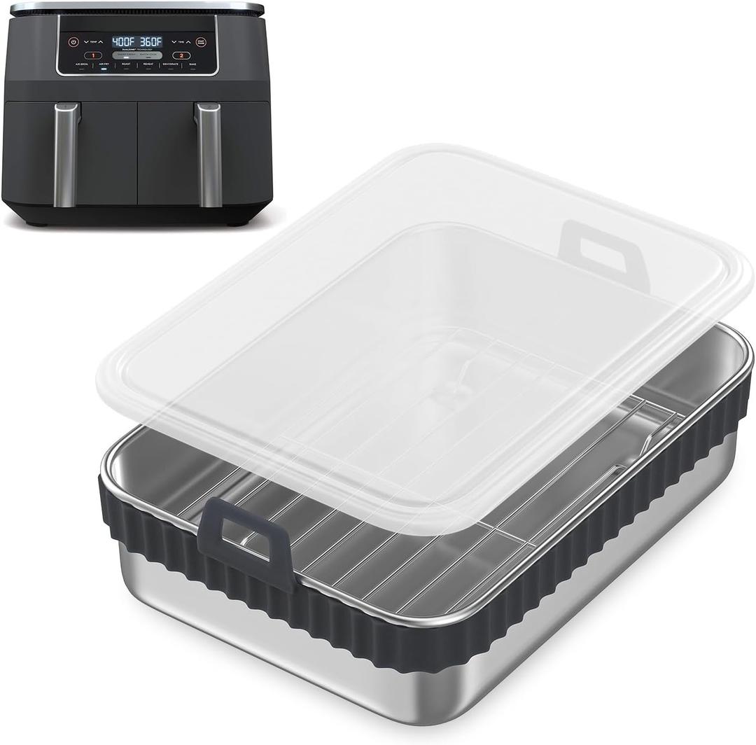 Air Fryer Liner Pan Set Stainless Steel Heavy Duty Double Pan Tray with Rack & Removable Handle for Ninja Foodi DZ401/DZ550/AF400EU/AF400EUPC/SL400EU Cosori (with Lid)