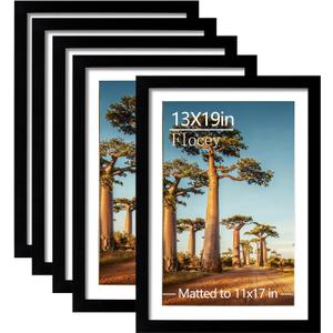 13x19 Picture Frame Set of 5, Black Poster Frame, Display Pictures 11 x 17 with Mat or 13 x 19 Without Mat for Horizontal or Vertical Wall Mounting, Wall Gallery Frame