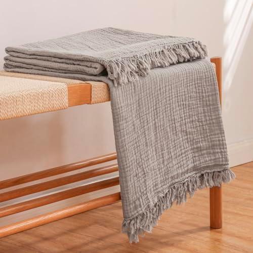 Beoty Lake Muslin Throw Blanket for Adults and Kids, 100% Cotton Throw Blanket for All Season Cozy Soft and Lightweight Fall Blanket 80''×60'' Large Blankets for Bedding Couch -(Light Tan)