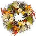 24 Inch Large Autumn Fall Wreath with Hello Sign Maples Leaf Pumpkin Pine Cone for Front Door Window Wall Porch Fireplace Home Decoration