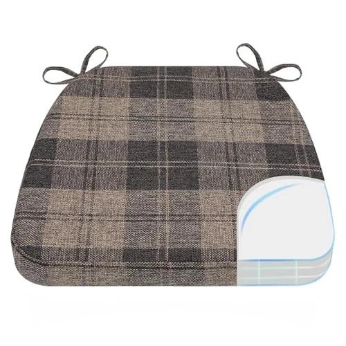 AAAAAcessories D-Shaped Chair Cushions, 2" Thick Dining Chair Pads with Ties and Removable, Machine-Washable Cover, 17" x 16", Set of 2, Brown Checkered