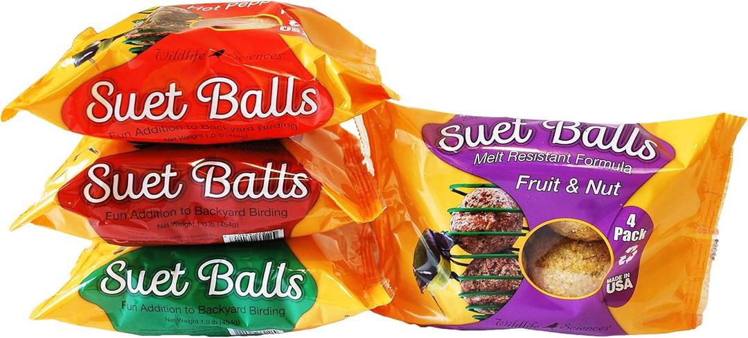 Wildlife Sciences Melt-Resistant Suet Balls Variety 16 Pack, 4 Wrapped Packs of 4 Bird Suet Balls. BBD 08-12-2028