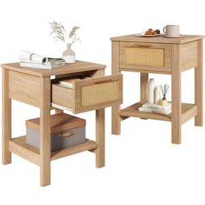 IBUYKE Rattan Nightstand Set of 2, Boho Night Stand with Drawer, Wood Bedside Tables with Storage Shelf, End Table with Legs for Bedroom, Natural UWNS011N-2