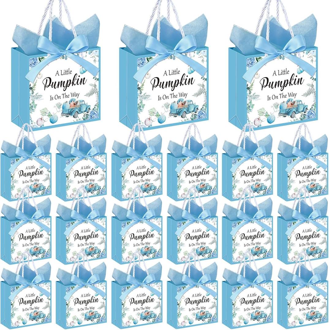 Gersoniel 50 Set a Little Pumpkin Is on the Way Baby Shower Party Gift Bags with Handles Fall Pumpkin Baby Shower Paper Bags with Ribbon Bow and Blue Tissue Paper for Autumn Gender Reveal Decoration