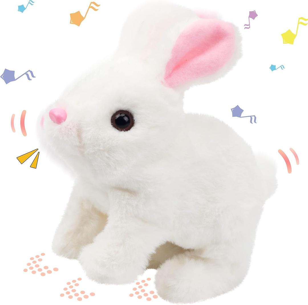 Hopearl Hopping Rabbit Interactive Electronic Pet Plush Bunny Toy with Sounds and Movements Animated Walking Wiggle Ears Twitch Nose Gift for Toddlers Birthday, White, 7'', Pack Of 2