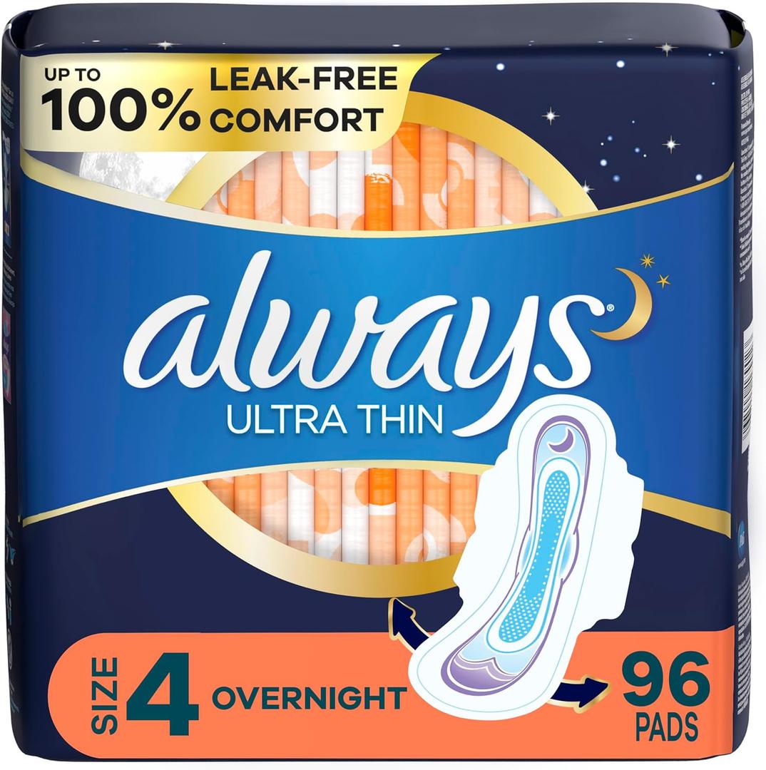 Always Ultra Thin Overnight Pads with Wings, Size 4, Overnight, 96 Count (Overnight (Size 4))