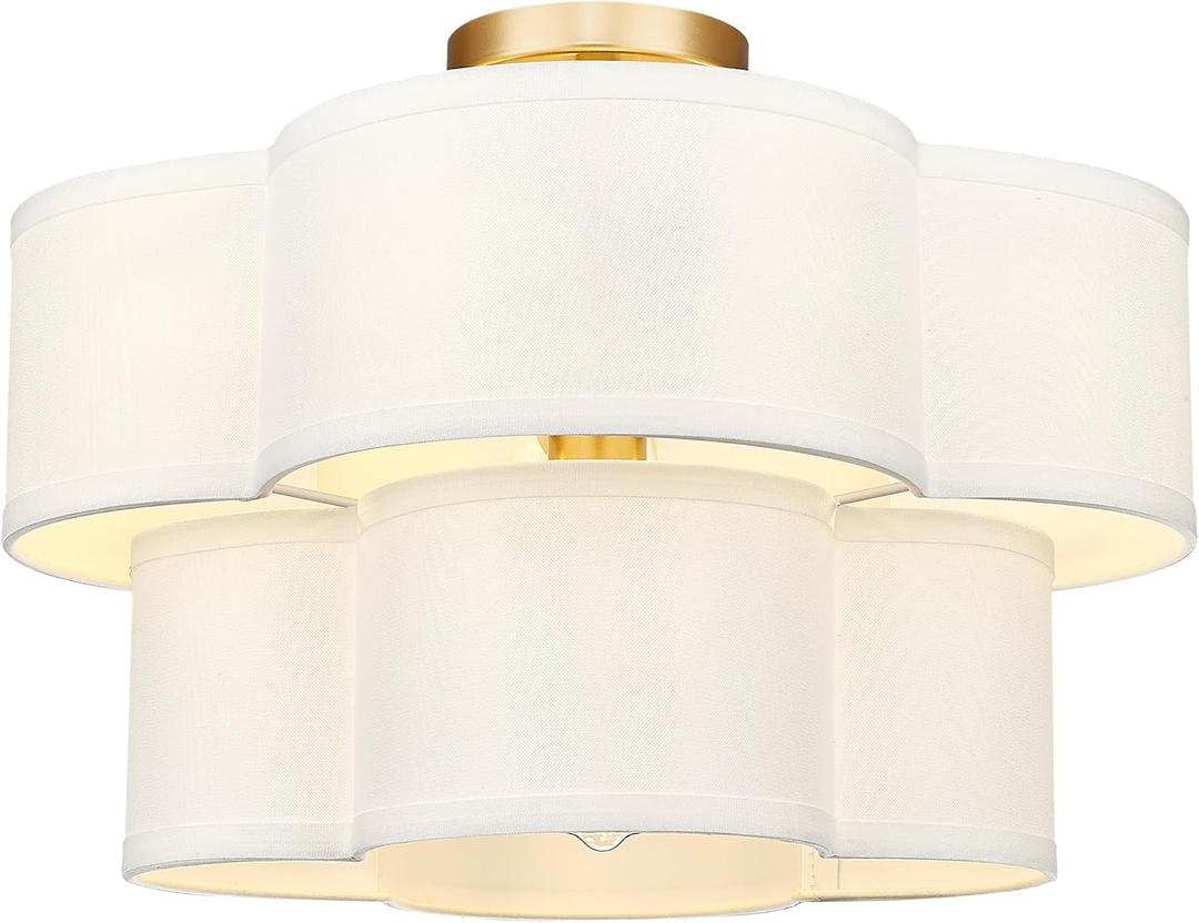 Gold Semi Flush Mount Ceiling Light, 5-Light 18" Ceiling Light Fixtures with Double Fabric Drum Shade in Quatrefoil Shape, Light Fixtures Ceiling Mount for Nursery Bedroom, AD-22007-5SF-GD (18", 5-Light, Double Shade, Gold, Fabric Shade)