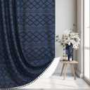 Extra Long Boho Farmhouse Shower Curtain Woven Fabric Navy Blue 84 Inch Curtain, 72 x Tufted Chevron Textured Striped Modern Minimalist Cloth Set with Hooks for Bathroom