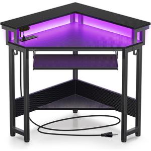 Rolanstar Corner Desk, 44.5" W x 34.5" H Carbon Fiber Computer Desk with Power Outlets, LED Lights and Keyboard Tray, Small Office Computer Desk with Monitor Stand for Small Space, Carbon Black