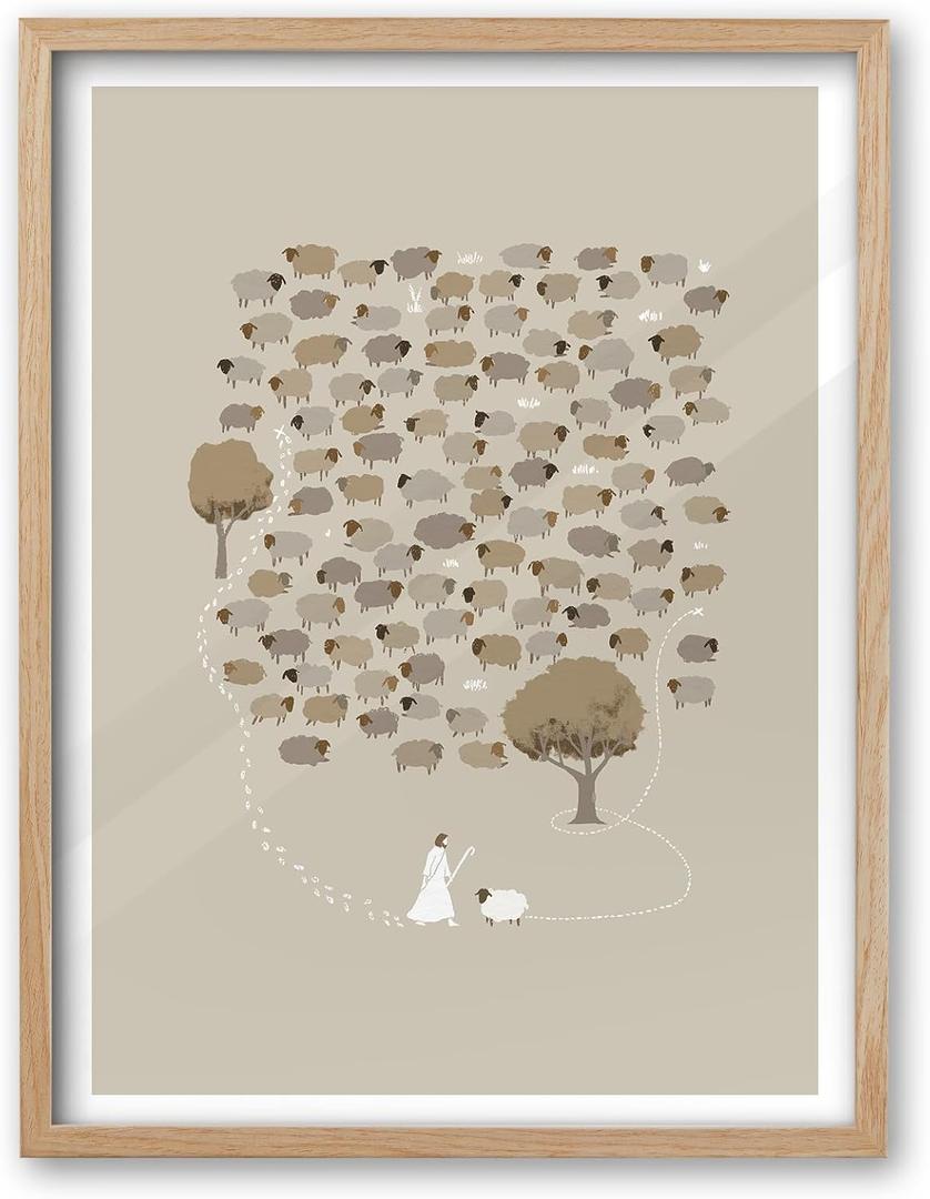iHery Natural OAK Wood God Framed Wall Art, Large 16x20 in Jesus Leaves The 99 Sheep Christian Bible Canvas Art, Modern Sketch Scripture Bedroom Decor, Beige Boho For Living Room Churches 1Pack