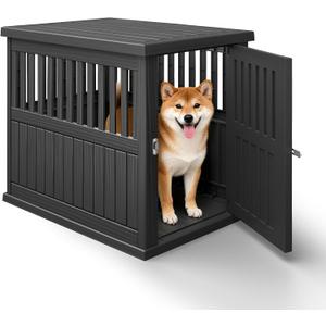 Bifanuo Dog House 30-Inch Dog Crate Furniture, Heavy Duty Dog Crate for Small Dog, Lockable Indoor Outdoor Dog Kennel & End Table, Decorative Plastic Pet Cage (Black)
