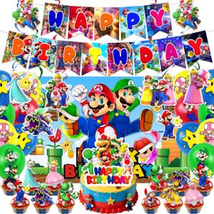 49 Pcs Mario Game Theme Birthday Decorations, Cartoon Style Party Decorations, Includes 1 Banner, 6 Hanging Decorations, 16 Balloons, 1 Backdrop, 1 Cake Topper, and 24 Dessert Decorations