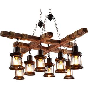 A Million 8 Lights Industrial Retro Wooden Chandelier Pendant Light Island Hanging Ceiling Fixture Vintage Farmhouse Wood Light Adjustable Chain for Home Cafe Bar Restaurant (39.4")