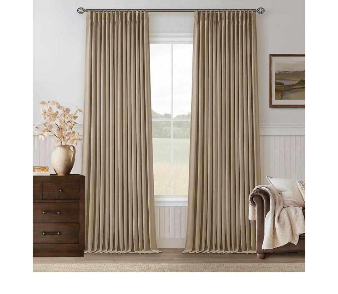 Light Brown Linen Blackout 120 Inch Curtains for Living Room 2 Panels Set Pinch Pleated Back Tab Drapes Farmhouse Thermal Insulated Full Black Out Curtains 120 Length High Ceiling to Floor 40x120
