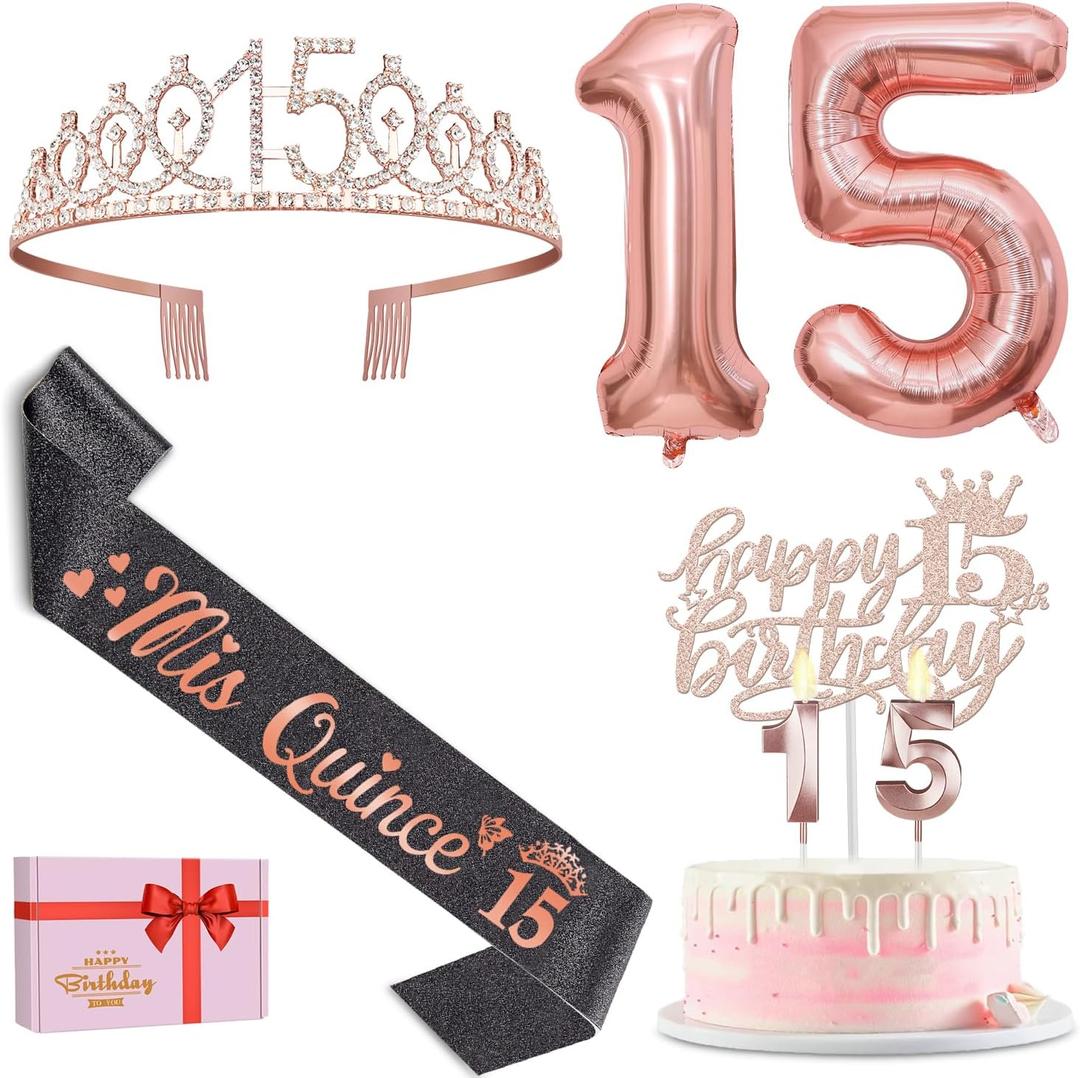 15th Birthday Decorations for Girls with Black Mis Quince 15 Sash and Crown, Cake Topper and Candles, Number Balloons Rose Gold, Quinceanera Decorations Gifts