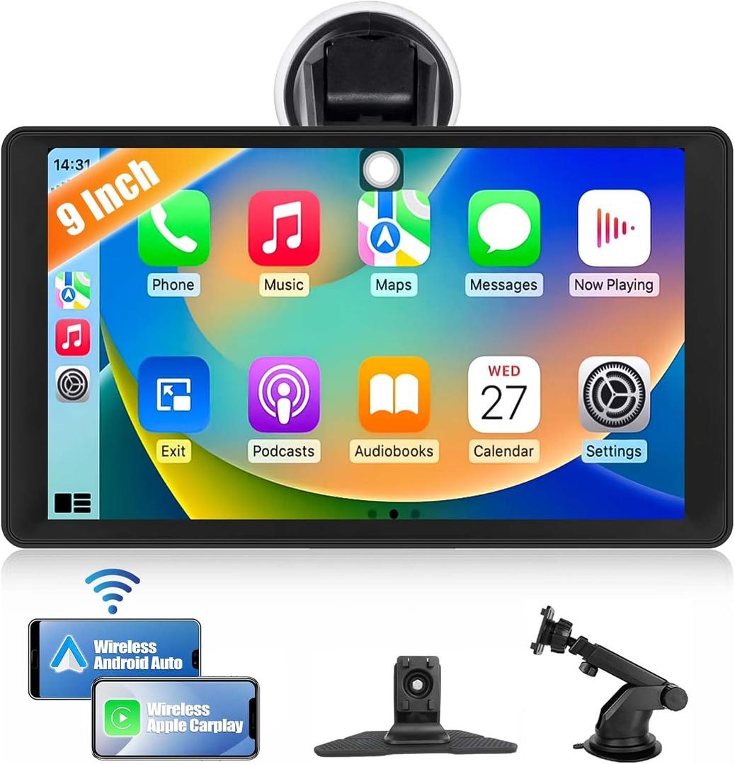 CAMECHO Portable Carplay Screen for Car, 9 Inch Car Stereo with Apple Carplay Android Auto Portable Touch Screen Car Radio with Bluetooth Mirror Link/Voice Control EQ AUX FM Radio for All Vehicles