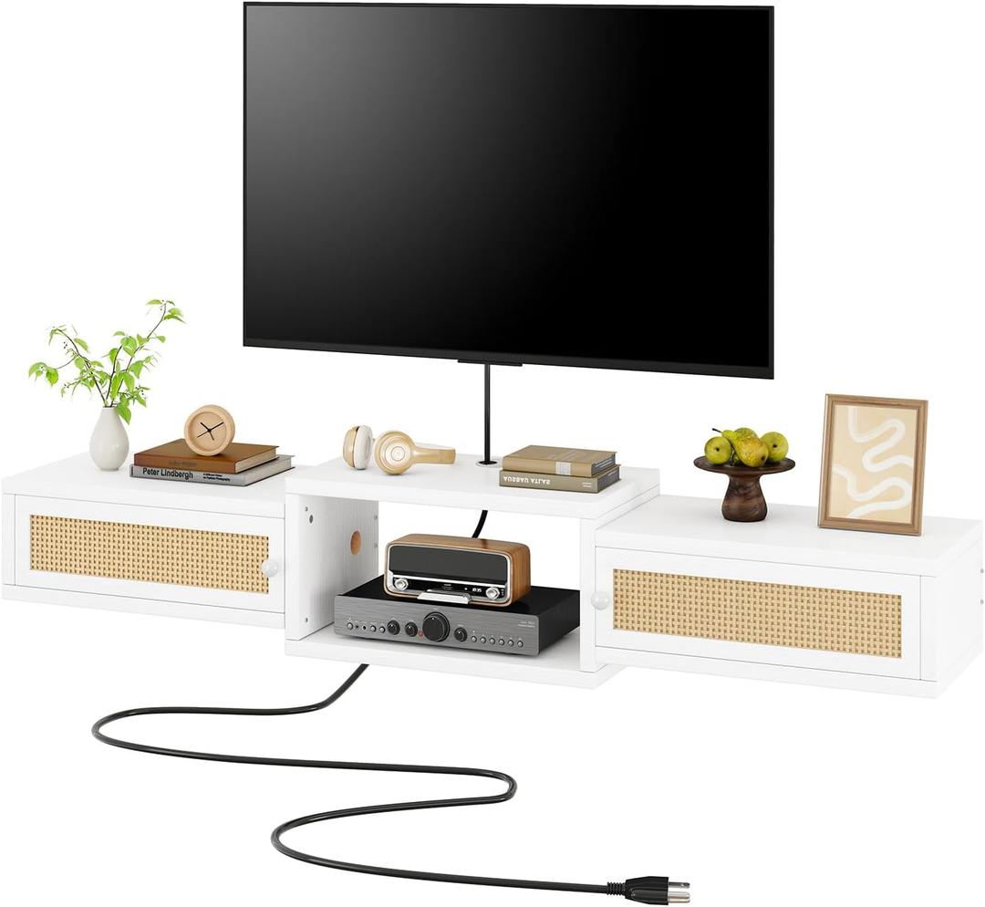 IBUYKE Modern Rattan Floating TV Stand with Doors, Wall Mounted TV Shelf for TVs up to 55 Inches, Media Console Entertainment Center for Under TV Storage Cabinet for Living Room Bedroom, White UWST012W