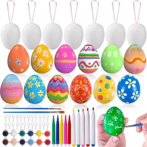 Max Fun 50 Pcs White Blank Easter Eggs Ornaments Bulk Decoration for Craft Hanging Plastic Artificial Eggs with Rope DIY Painting Decorating Basket Fillers Gift Easter Party Favors