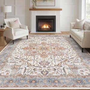 Tortania Area Rug Living Room Rugs - 10x14 Washable Boho Rug Vintage Oriental Distressed Farmhouse Large Thin Indoor Carpet for Living Room Bedroom Under Dining Table Home Office - Azure Orange