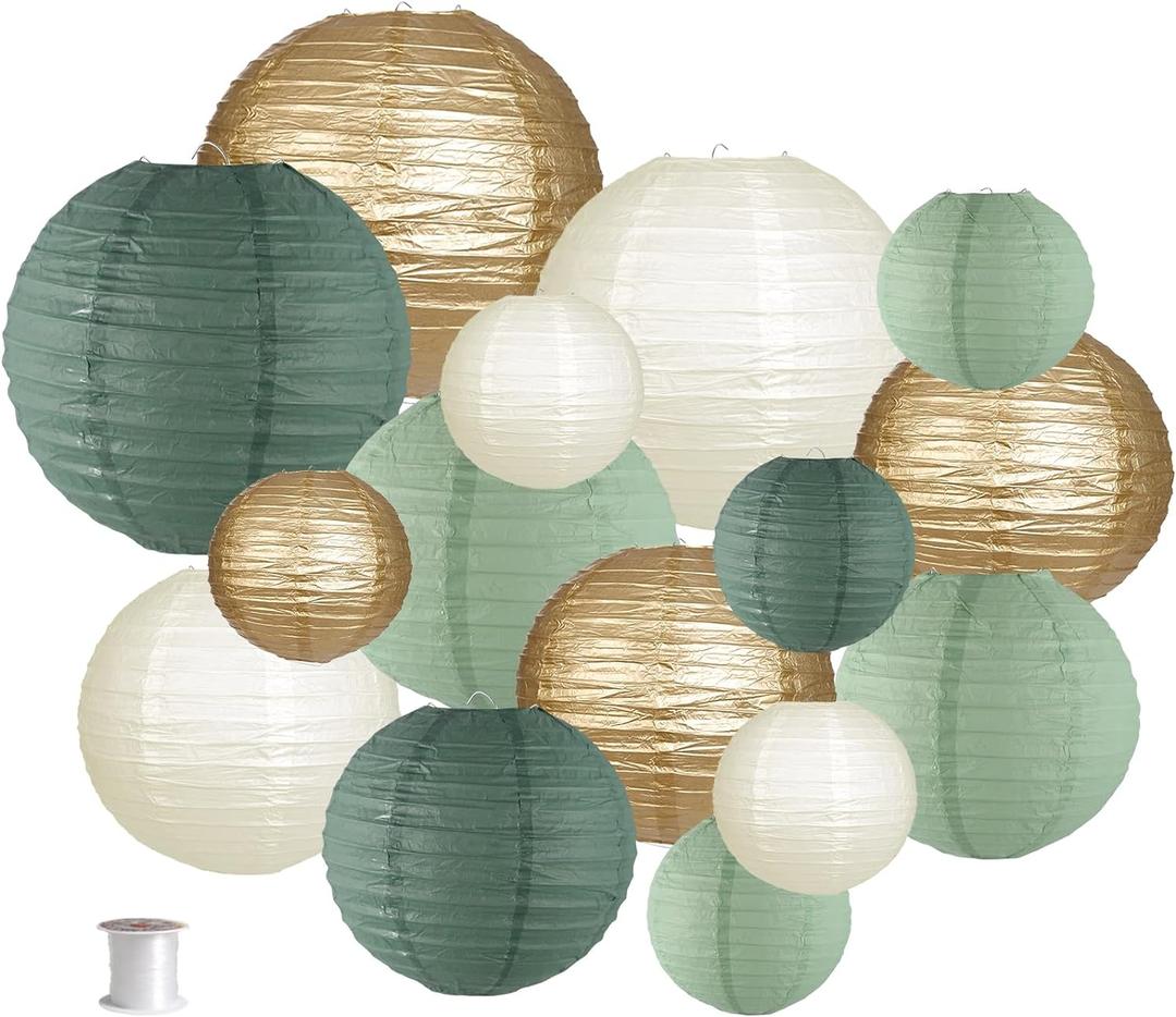Paper Lanterns Decorative, Round Hanging Paper Lanterns Decorations for Rustic Party Bridal Shower Wedding Sage Green Birthday Party Supplies Gold/Ivory/Sage Green 15pcs