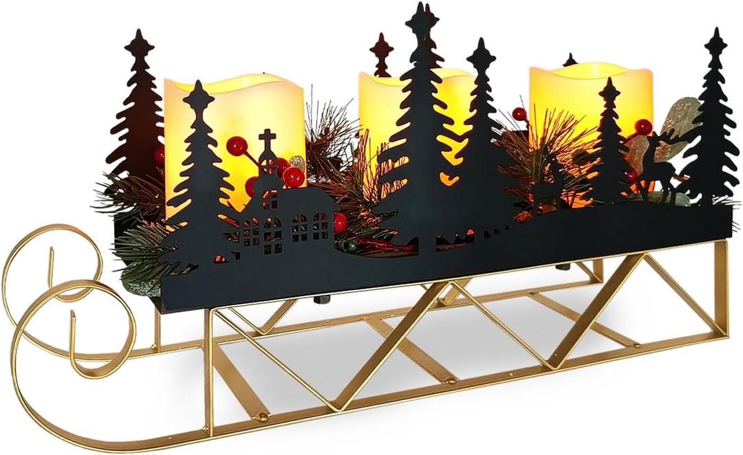 Christmas Sleigh Table Centerpieces Decorations, Xmas Black Cut-Out Tree Sleigh LED Candle Candelabrum with Timer Holiday Candle Holder for Home Party Table Mantel Decoration