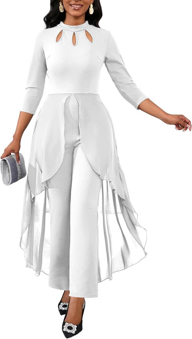 Jumpsuits for Women Dressy Hight Waist One Piece Casual Straight Long Pants Wide Leg Pants Elegant Jumpsuit Romper (3X-Large, White)