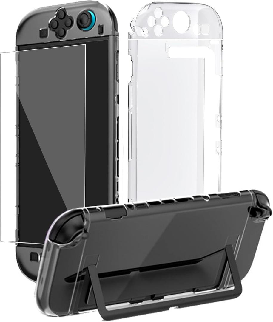Clear Dockable Case for Switch 2 with 7.9'' Screen Protector Tempered Glass Protective Case Cover fit 2025 Console PC Case Soft TPU Grip Cover for JoyCons Anti-Scratch Shockproof