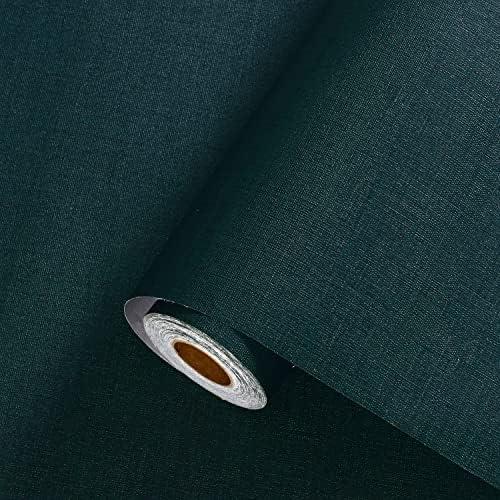 Akywall 393.7" Linen Wallpaper Peel and Stick Blackish Green Faux Grasscloth Contact Paper Textured Waterproof Self Adhesive Stick on Removable Solid Vinyl Roll for Cabinet Drawer