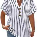 Plus-Size Women's Striped Blouse Spring Summer New Notched V-Neck Short Sleeve Decorative Buttons, 5xl
