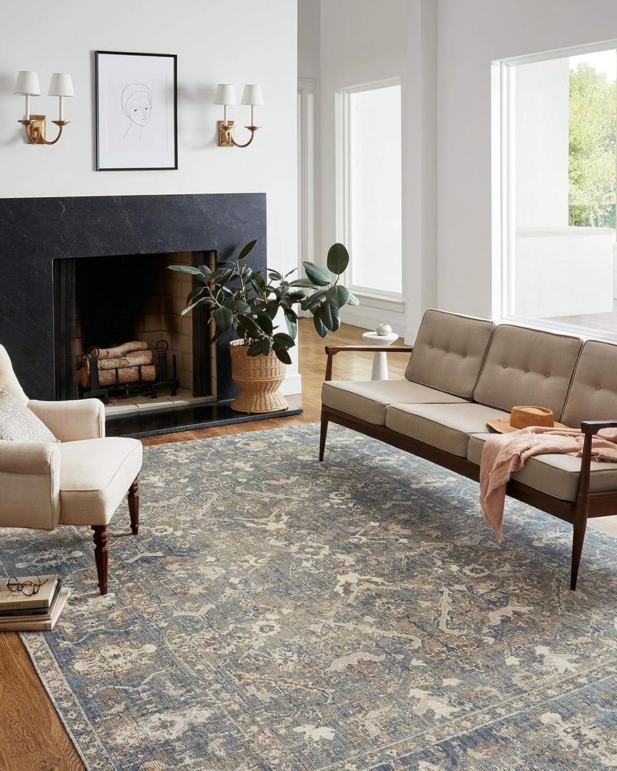 Loloi Chris Loves Julia Rosemarie 6'-3" x 9' Area Rug in Sand/Lagoon - Classic No-Shed Area Rug, Soft Living Room Rug, Antique Inspired Modern Rug for Living Area, Bedroom, Dining Room